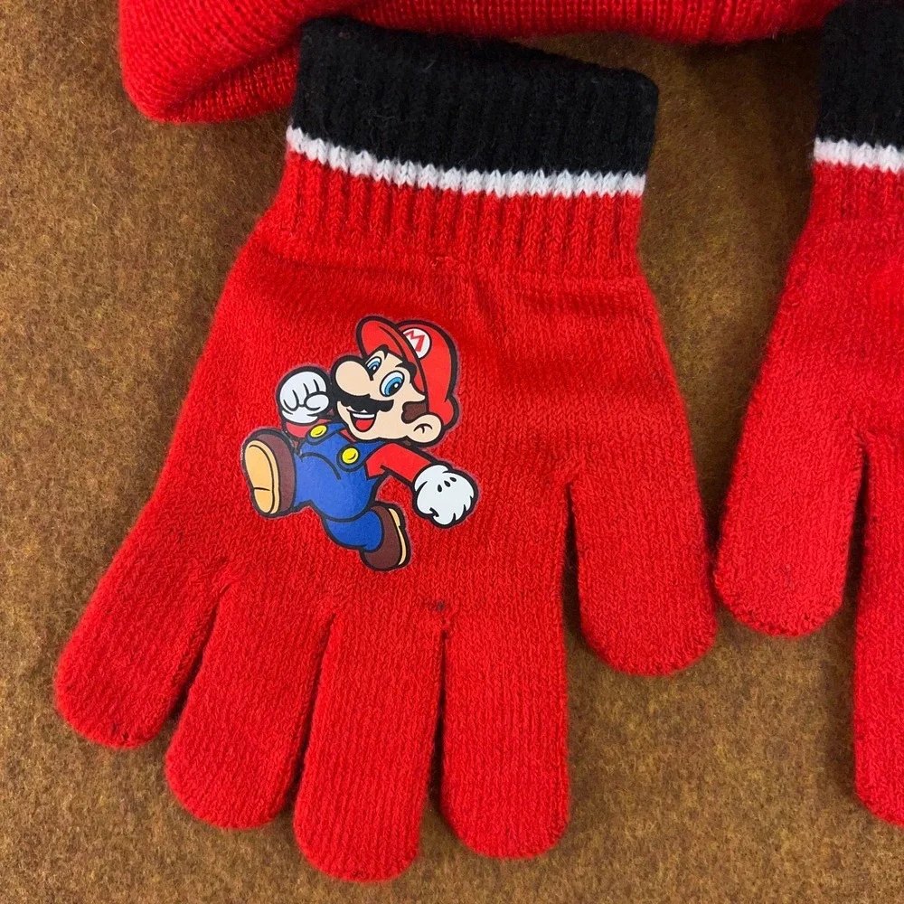 Nintendo Super Mario Boys One Size Red 3 Piece Beanie & Glove Set NWT
